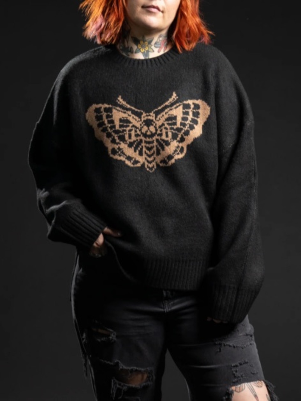 Girrlscout Tomboy Butterfly Carter Knit Sweater Death Moth Size M/L Black Brown